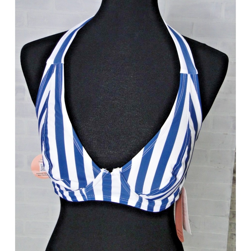 Shapermint Essentials Full Coverage Halter Bikini Top Blue/white strips S NEW